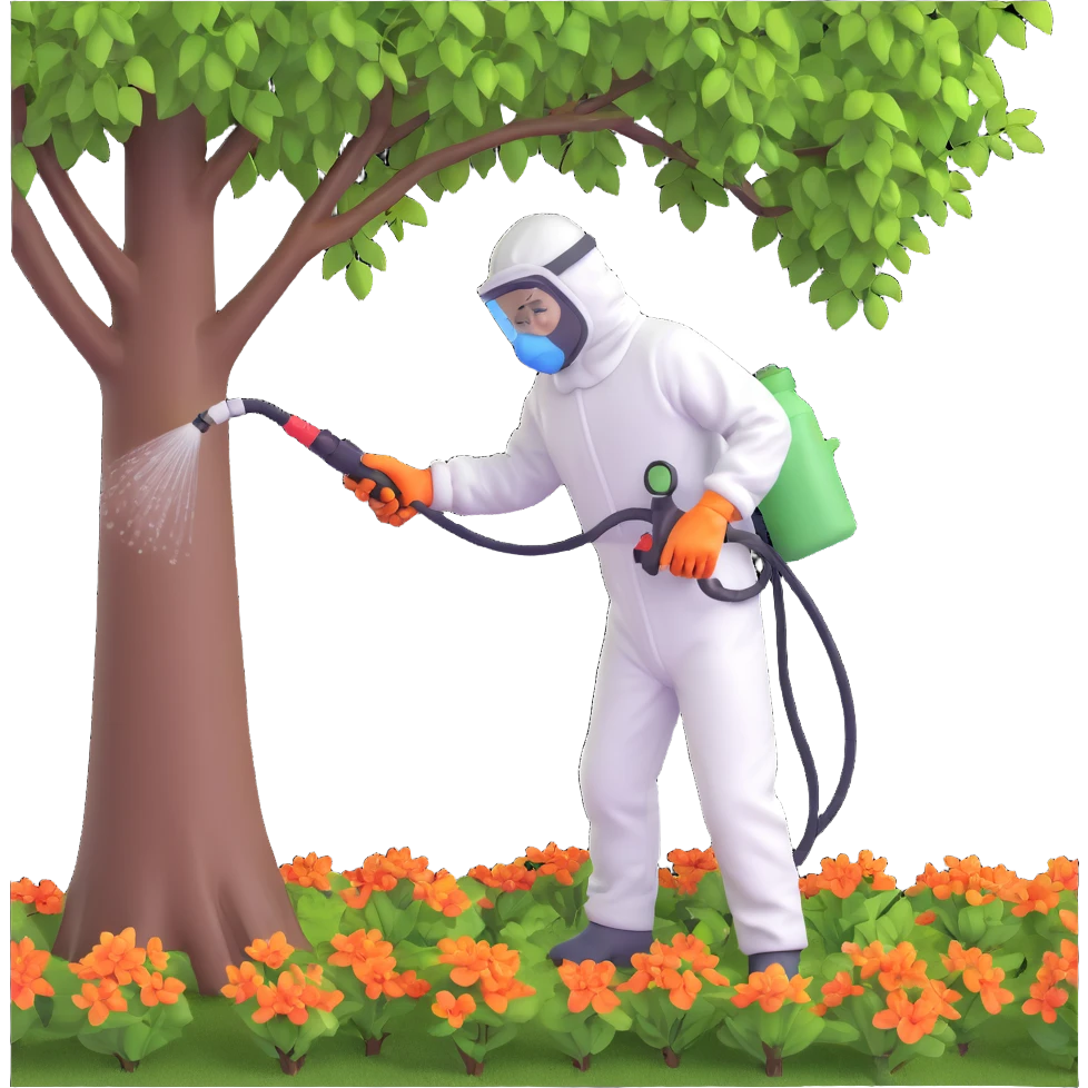 A gardener in protective suit and mask spraying a tree with a sprayer, performing chemical pest control. Bright green garden with trees, visible spray droplets, atmosphere of professional plant protection and garden care emoji