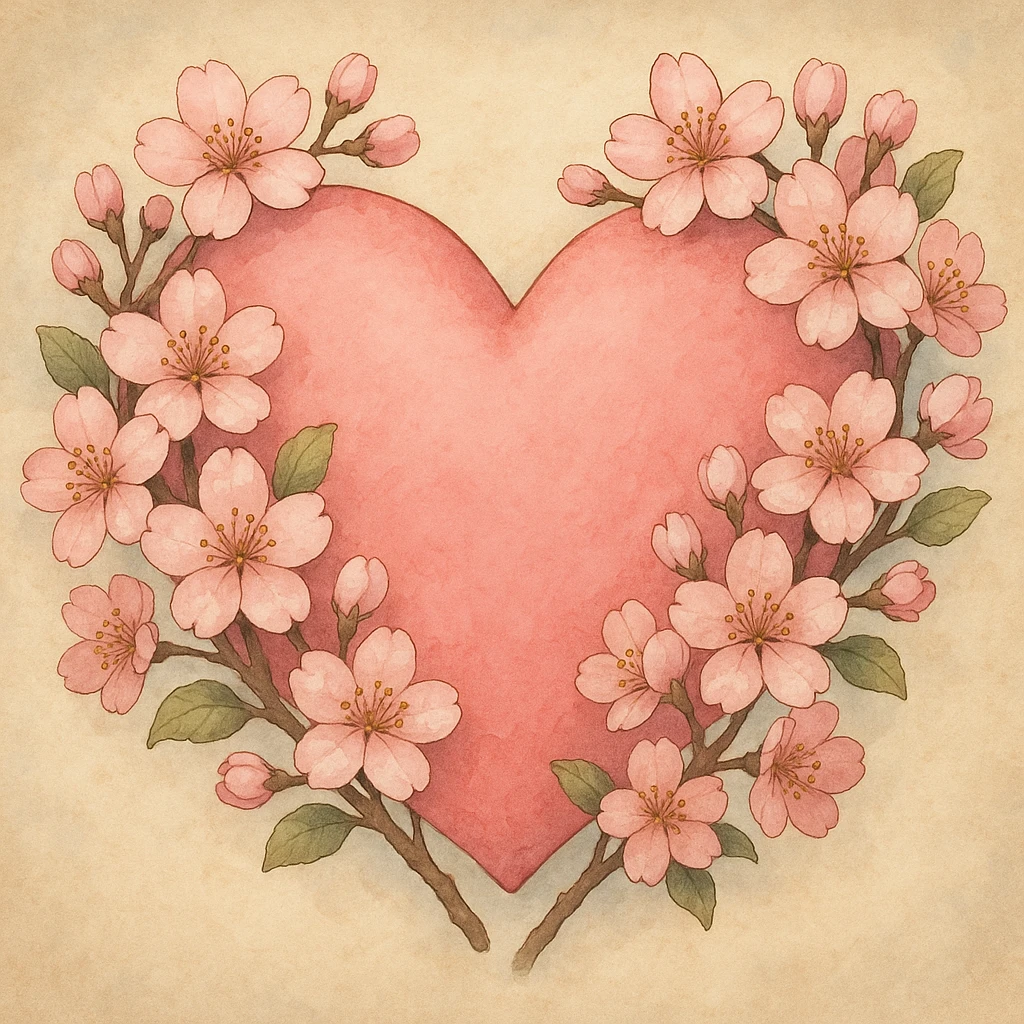 pink heart with sakura flowers, ghibli style, soft and detailed emoji