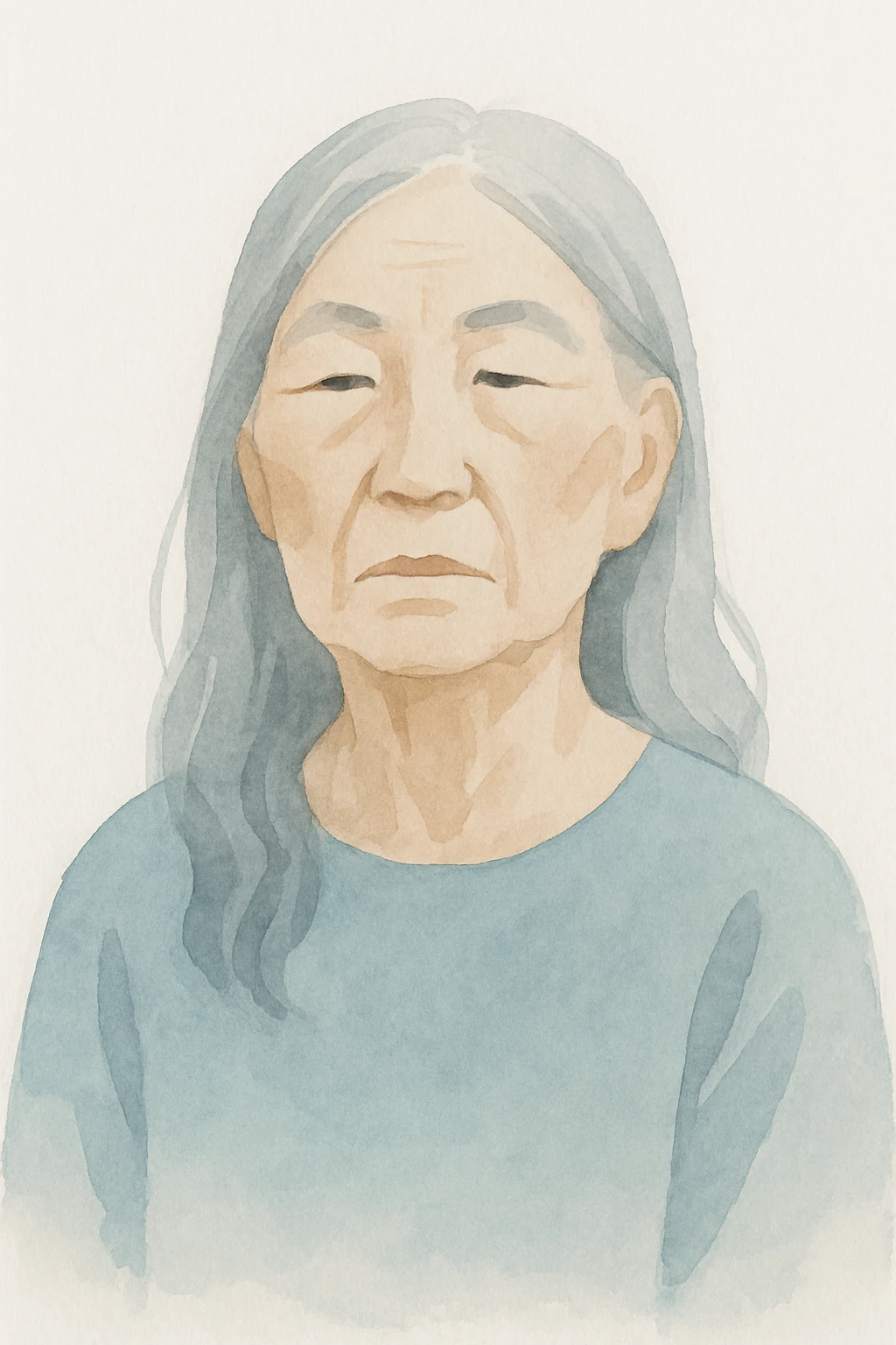 painterly portrait of old Asian woman with long grey hair and stoic expression emoji