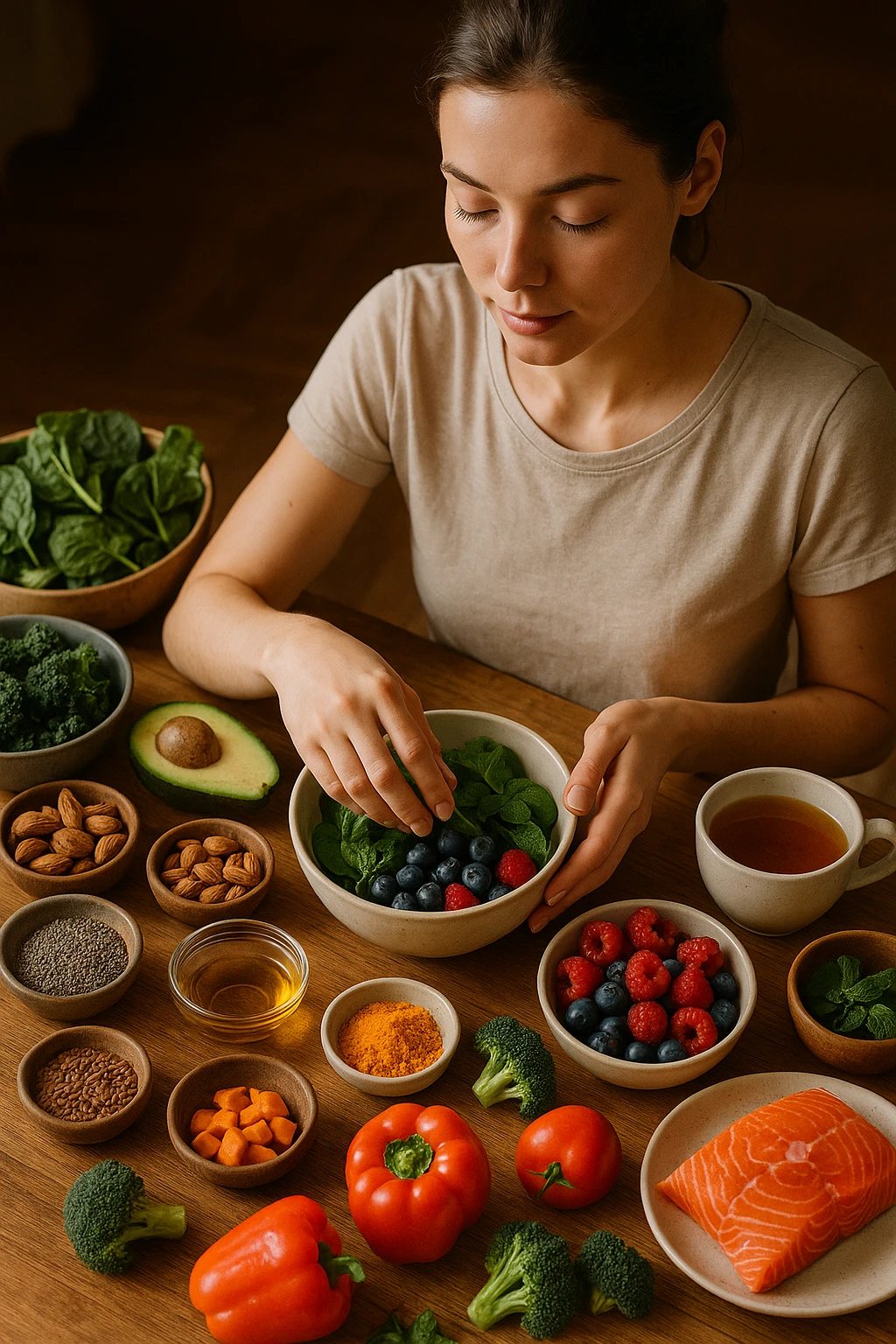 A realistic, cinematic flat-lay image of a clean wooden kitchen table filled with fresh, colorful whole foods known to help reduce androgen excess naturally. The table includes leafy greens like spinach and kale, avocados, berries, colorful vegetables, nuts, seeds (chia and flaxseeds), wild-caught salmon, and herbal teas, carefully arranged in an aesthetically pleasing, organized manner. A small glass bowl with olive oil and another with turmeric powder are included, emphasizing anti-inflammatory properties. In the scene, a young woman with clear, healthy skin and a calm expression is preparing a bowl with these ingredients, symbolizing a hormone-balancing diet. Warm, natural daylight streams in, creating a cozy and inviting atmosphere. The style is hyper-realistic 35mm photography, with vibrant yet soft colors, showcasing textures of the fresh produce and the peaceful vibe of using nutrition to support hormonal balance emoji