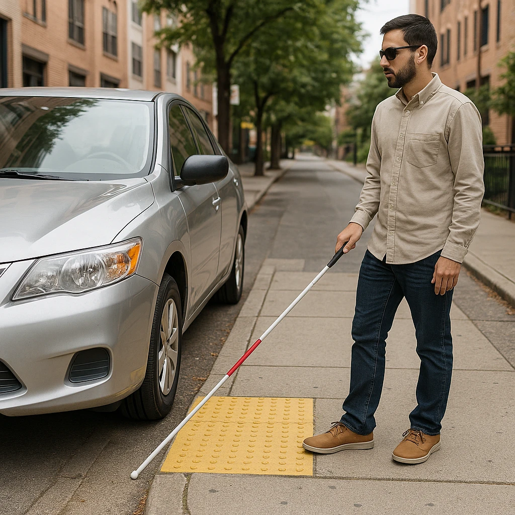 A blind pedestrian with a white cane encountering a car blocking the sidewalk, focusing on the barrier and the need for clear walkways. emoji