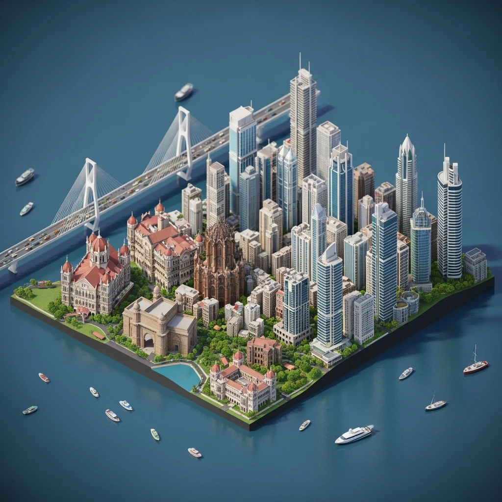Isometric miniature of Mumbai city, featuring iconic landmarks like Gateway of India, Bandra-Worli Sea Link, Chhatrapati Shivaji Terminus,  clustered high-rises and skyscrapers, 3D miniature effect and Tilt Shift effect, no cartoonish look, transparent background. emoji