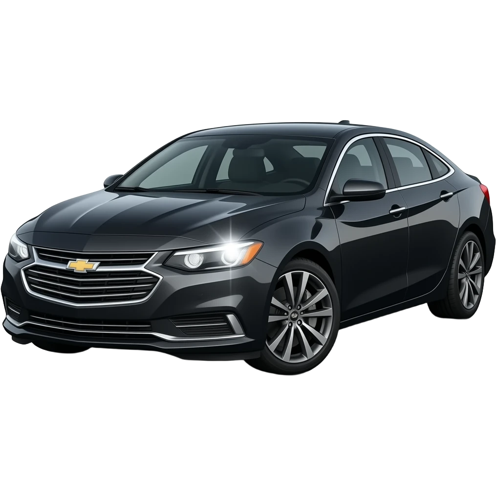 A realistic, high-detail photograph of a glossy black Chevrolet Malibu 2 Turbo Premier sedan with tinted windows and black alloy rims, bright LED headlight balls emitting a dinamic brighting glowing effect emoji