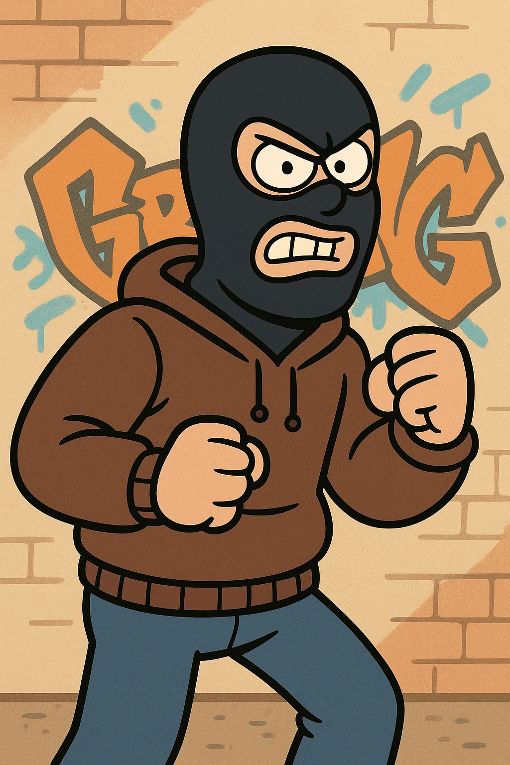 cartoon thug in a balaclava, graffiti background, urban street style, bold and vibrant colors emoji