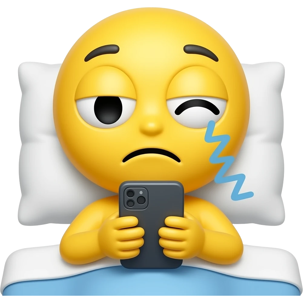 Yellow emoji face that looks tired & sleepy with 1 eye open & 1 eye shut reading phone messages in bed emoji