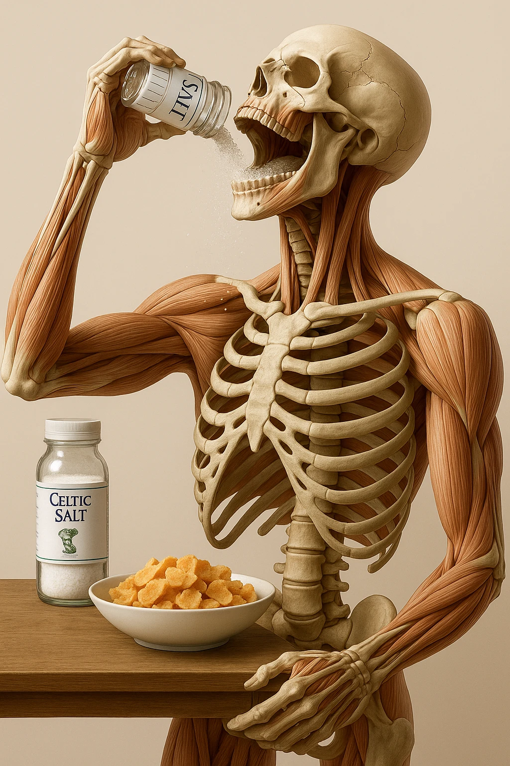 Create a vertical hyperrealistic 4K medical illustration in the style of the reference image. Depict an anatomically correct human body eating Celtic salt from a clearly labeled jar during breakfast. The background should be neutral and clear, with extreme detail and vertical format. Maintain the ultra-detailed medical illustration style as in the reference. emoji