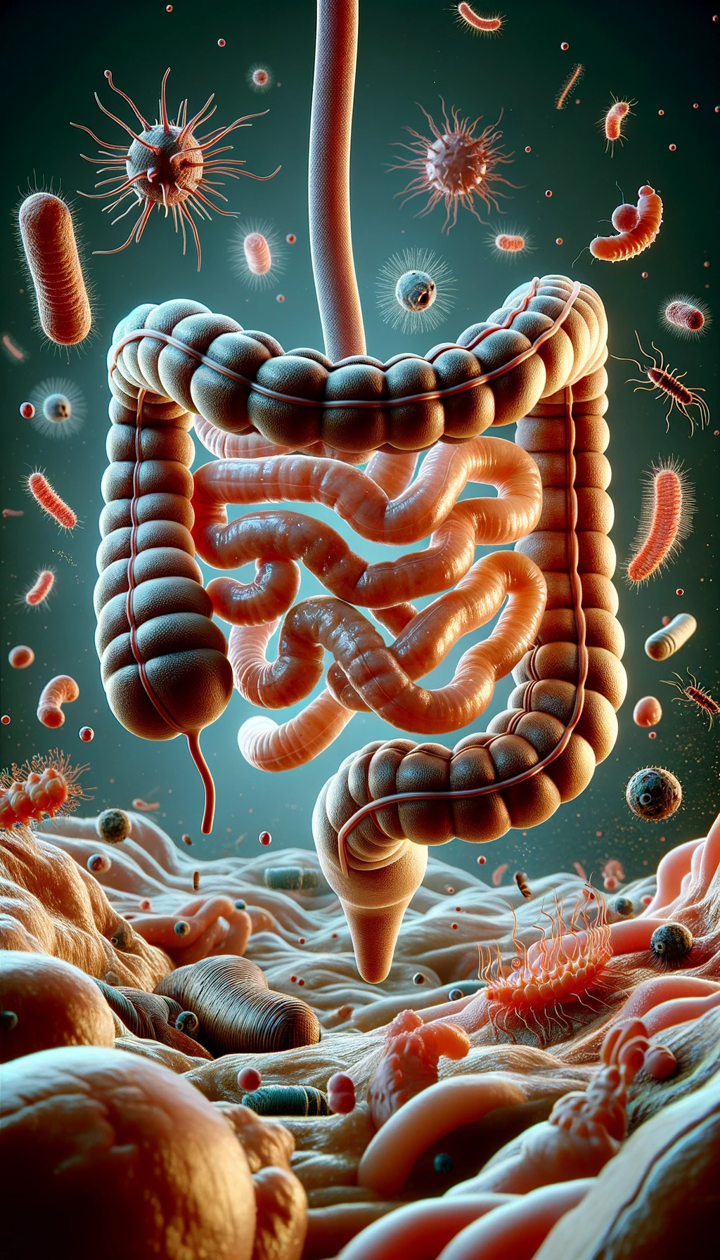 INTESTINO UMANO ANATOMICO REALISTICO CIRCONDATO DA PARASSITI E BATTERI INTESTINALI, IPERREALISTICO 4K emoji