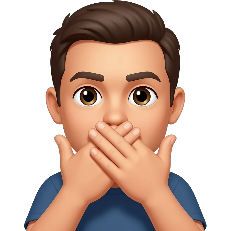 I meant: hands covering the mouth, thumbs pointing up, other fingers intercrossed, eyes and ears visibl You are almost there but move the crossed hands a little bit up in such a way both mouth and nose are coverede emoji
