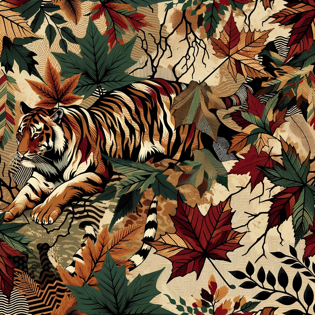 design background, camouflage pattern inspired by autumn forest, tiger stripes blended with maple leaves and branches, earthy colors (olive, rust, deep red, golden yellow), seamless design, modern fashion style emoji