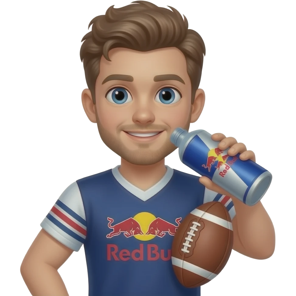 Boy with a football Slightly fair boy with a light beard, drinking redbull watermelon flavor emoji