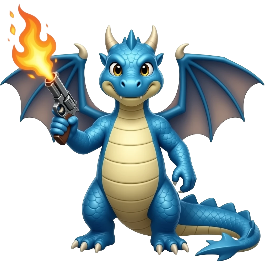 Blue dragon holding a gun front facing breathing fire emoji