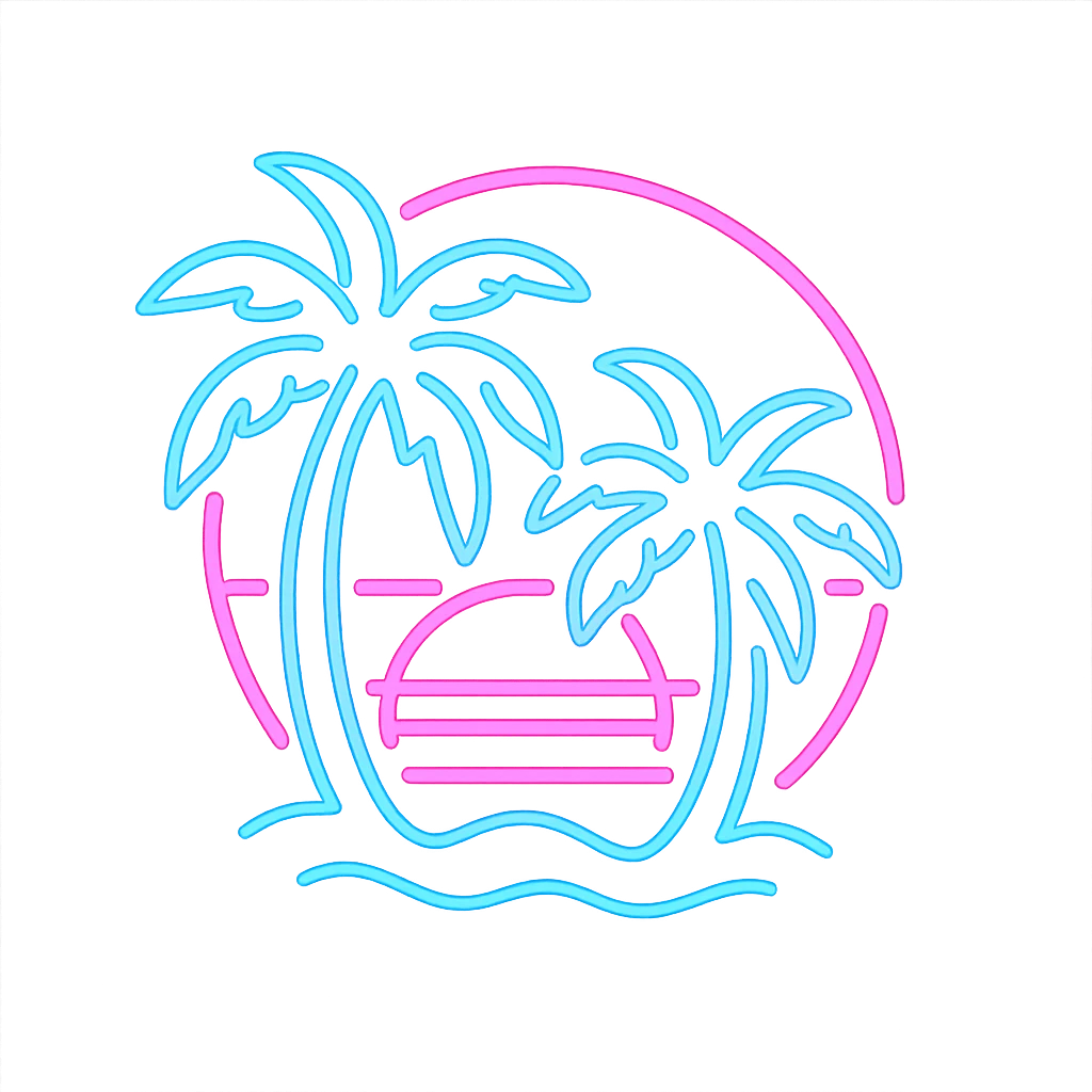 Vice City inspired neon icon with 80s Miami vibe, pink and blue colors, palm trees, no text, vibrant and retro style emoji