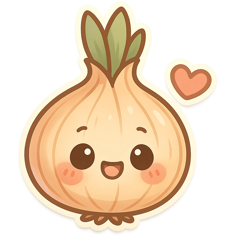 chibi sticker-style onion with a heart accent, cute and exaggerated emoji