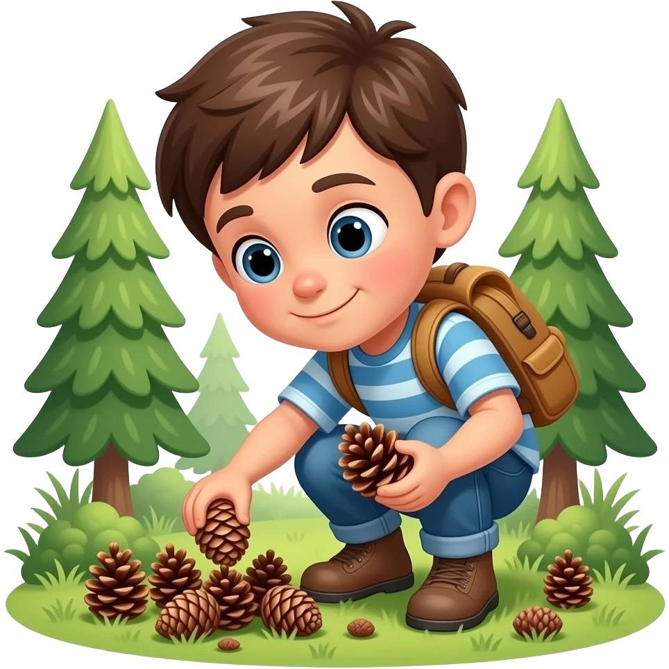 child boy collecting pine cones in a forest emoji