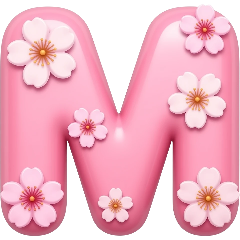 Cute bubbly pink letter m with sakura flowers emoji