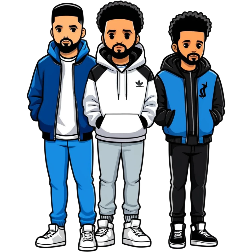 Toronto celebrities and musicians drake and the weeknd, illustration, sticker. must be ultra hyperrealistic, full body view of both people and mirco-detailed, 3D sticker design
 Must be 8k hd, 8000x8000px resolution. Must use very thin transparent smooth lines emoji