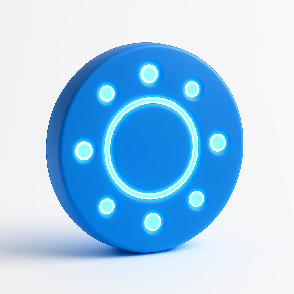 Make the logo blue and Tron-like, with glowing neon blue lines and dots, futuristic and high-tech appearance. Keep the 9 dots arranged in a circle, no text. emoji