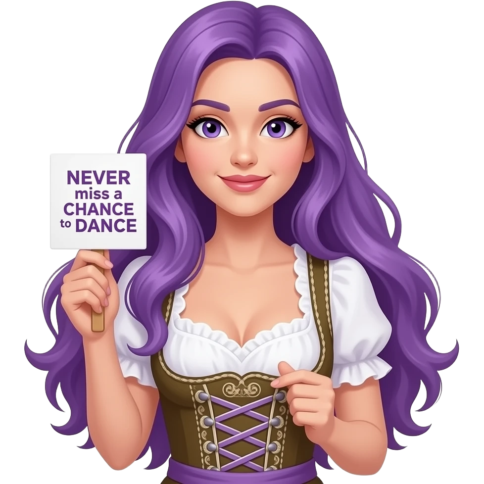 sexy girl with long purple hair and purple eyes wearing a dirndl holding a NEVER miss a CHANCE to DANCE sign emoji