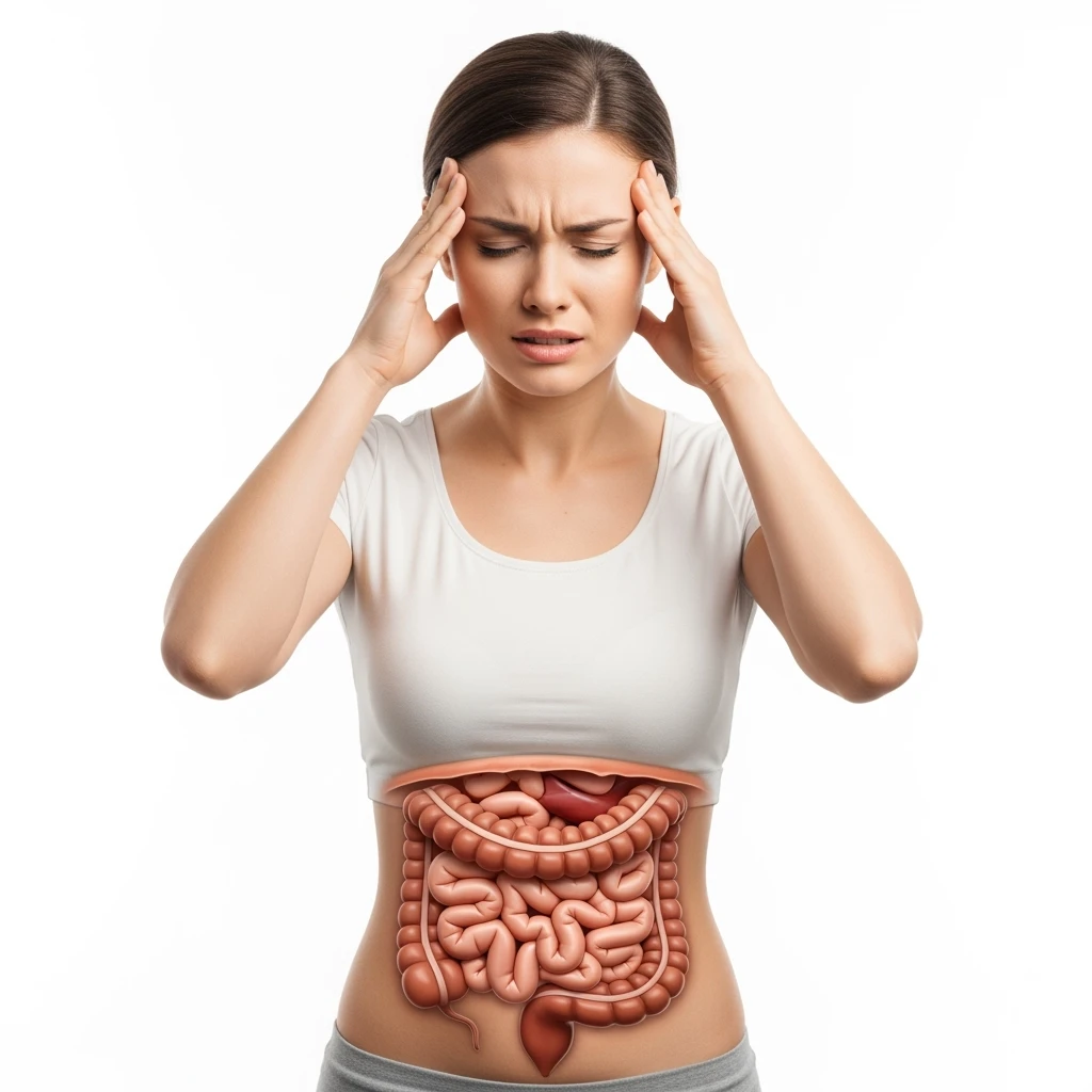 DONNA ANSIOSA CON INTESTINO UMANO ANATOMICO REALISTICO VISIBILE, SI TIENE LE MANI SULLE TEMPIE, iperrealistico 4k, SFONDO BIANCO emoji
