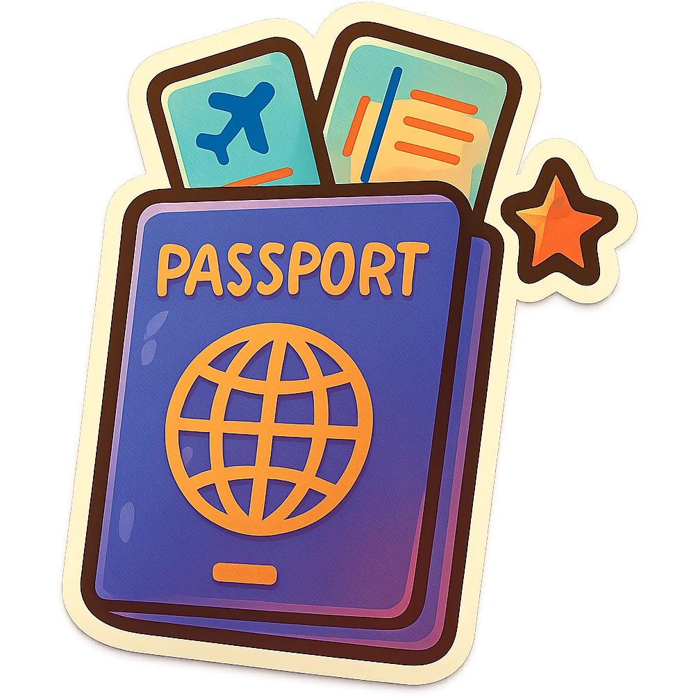 playful retro sticker-style illustration of a passport with two airline tickets sticking out, and a small heart or star accent, bold outlines, smooth forms, and glossy expressive highlights emoji