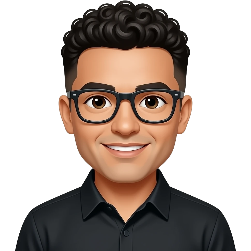 mexican, curly hair cut on sides, black glasses, black shirt, emoji