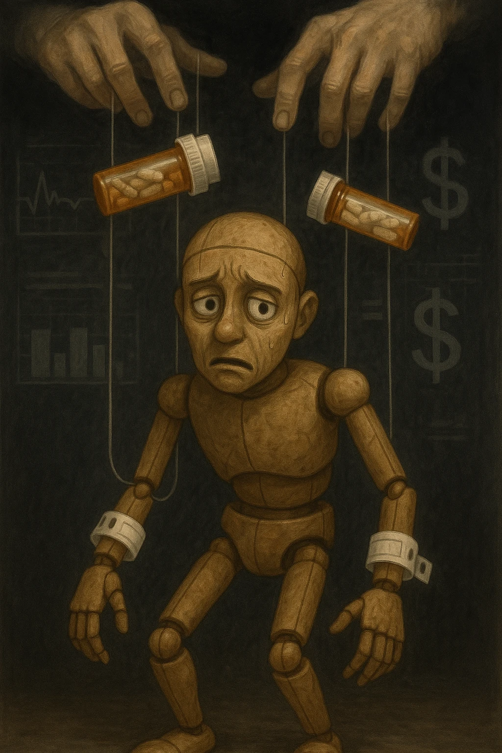 a marionette puppet with hospital bracelets and medication bottles as strings is controlled by unseen hands from above. The puppet’s face shows confusion and fatigue, representing the feeling of being managed by an invisible system. The background is dark, with faint images of medical charts and dollar signs. in italiano emoji