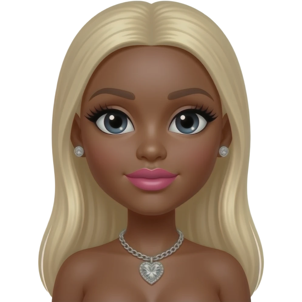 Black girl, Pink big lips, black doll eyes, dark brown skin, Long giant lashes,Doll faced shaped, silver Swarovski heart necklace, big diamond earrings studs, bimbo, black doll eyes, barbie, darker brown skin with blonde hair, big breast, no bra emoji
