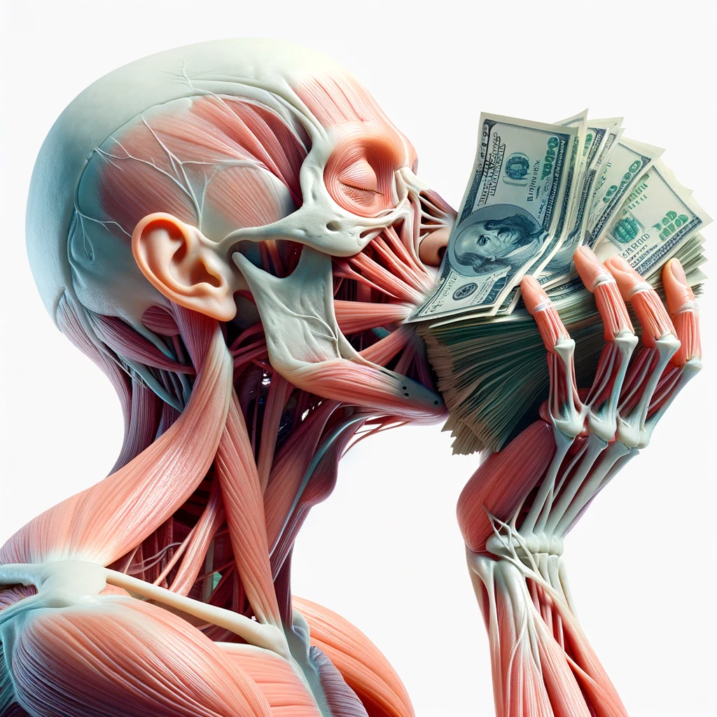 corpo umano anatomico che bacia una mazzetta di banconote, iperrealistica 4k, isolato su sfondo bianco emoji