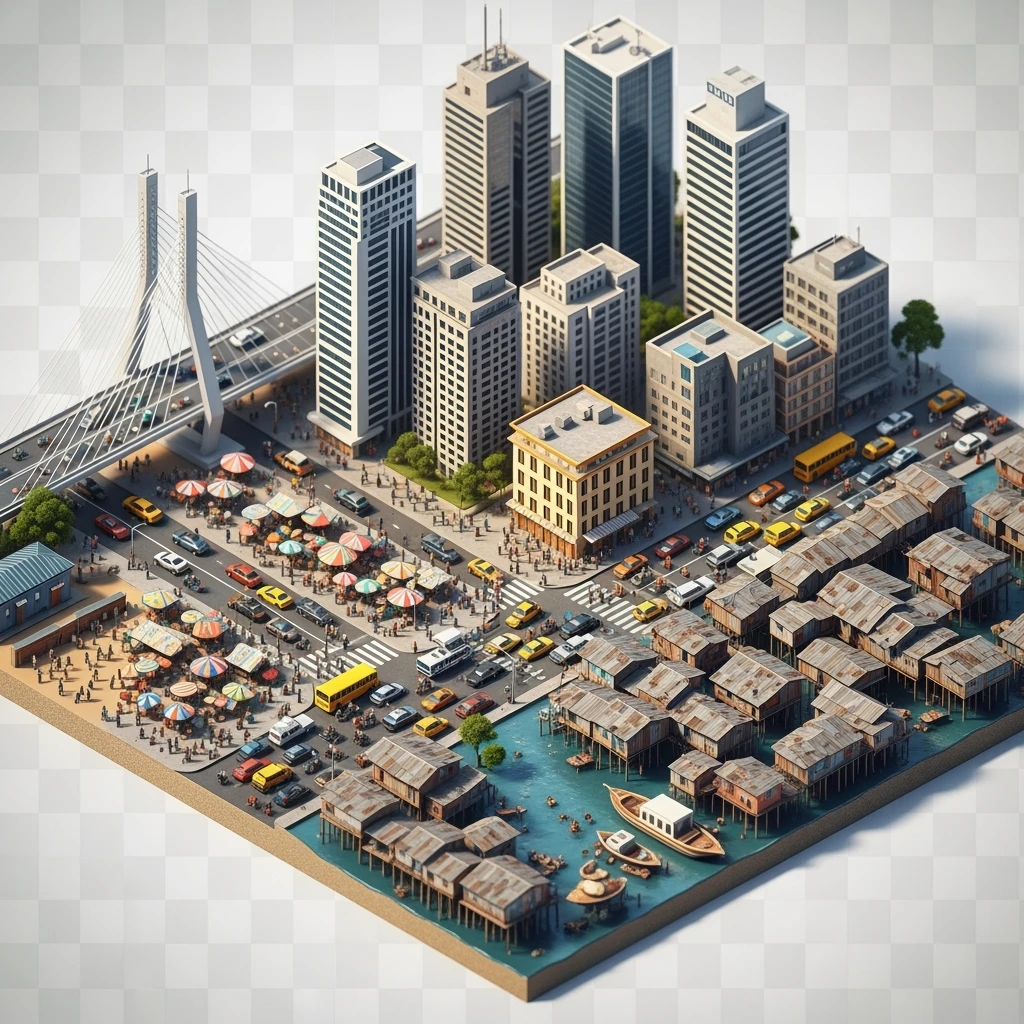 Isometric miniature of Lagos Lekki-Ikoyi Bridge, Eko Atlantic skyscrapers, Makoko slums, tin-roof shacks, chaotic markets, gridlocked traffic, 3D miniature effect and Tilt Shift effect, no cartoonish look, transparent background, don't cut angles emoji