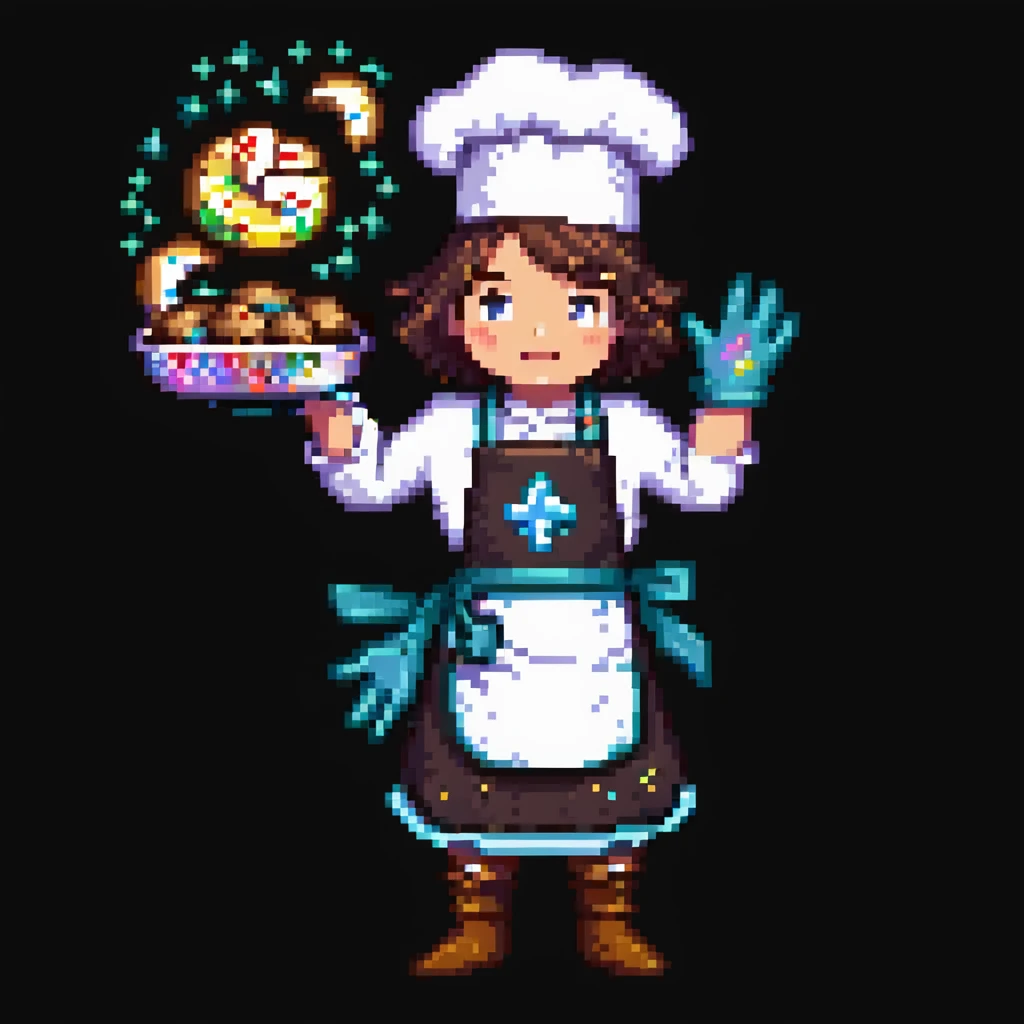 Portrait of a baker casting a baking spell, cookies floating around him, sparkles on his gloves and apron, skeuomorphism style emoji