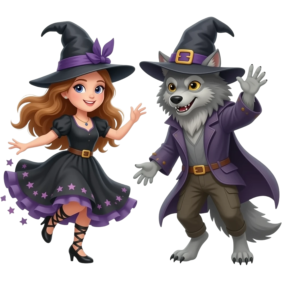 Witch  dancing with a werewolf emoji