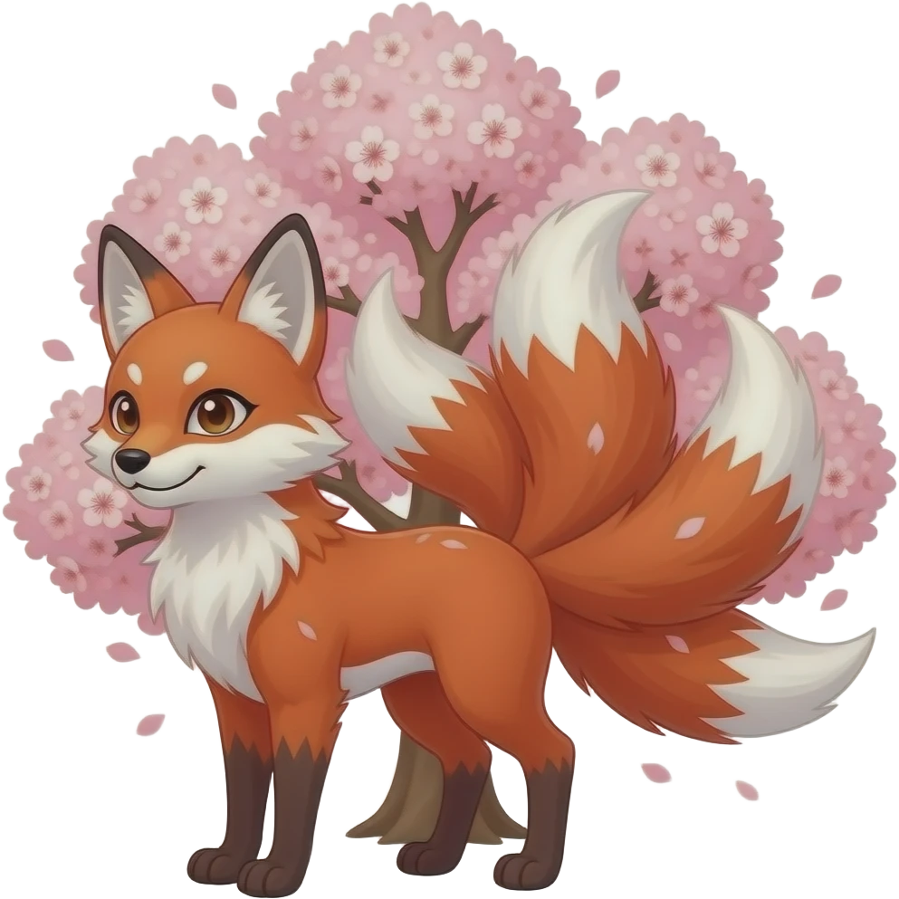 red and white nine tailed fox in a sakura tree emoji