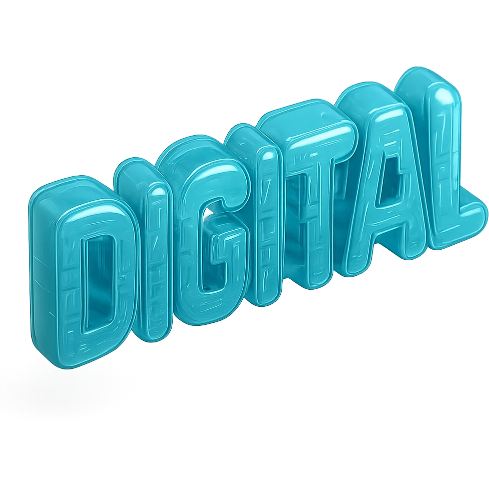 The word "DIGITAL", cyan blue emoji