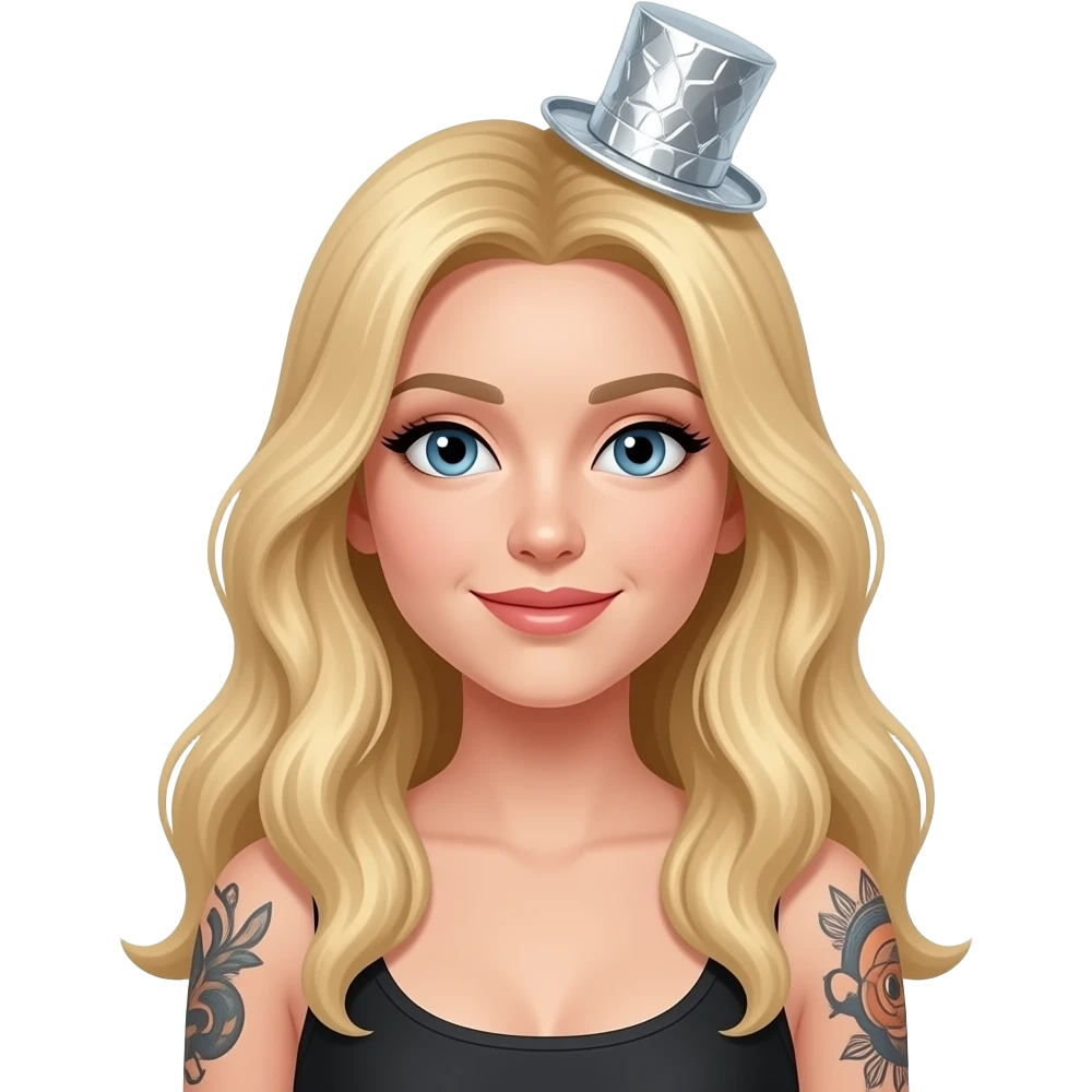 Tiny Tin foil top hat conspiracy on blond woman long hair with arm tattoos emoji