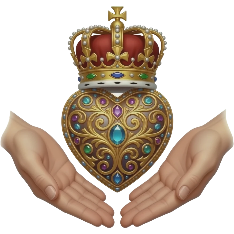 two elegant  hands touch with their fingers (fingers are facing down and palms are facing up)  a rusty heart richly ornamented with arabesques and studded with precious stones with a richly decorated royal crown, dramatic lighting - backlight emoji