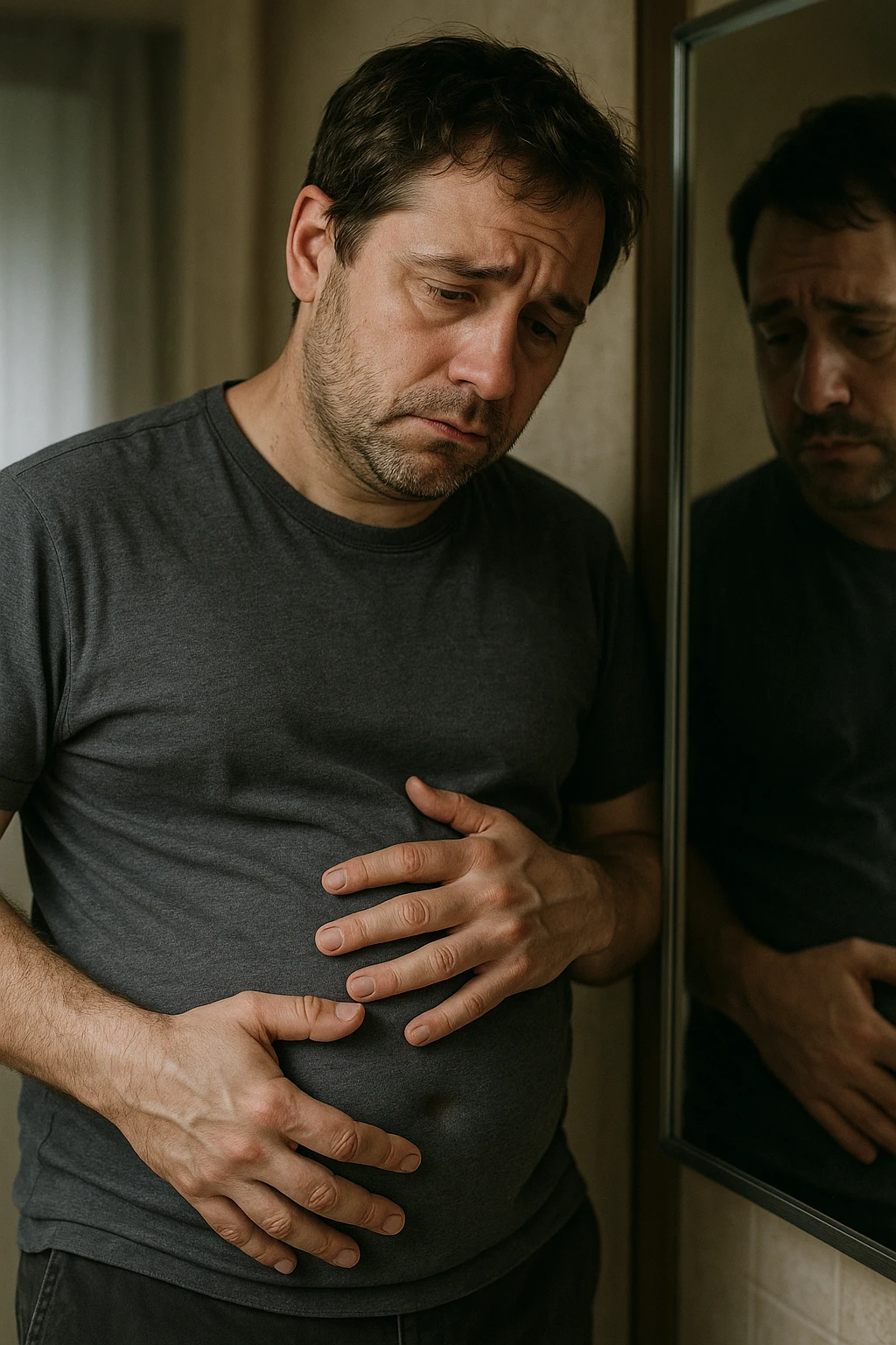 uomo che si guarda allo specchio triste mentre si tocca la pancia, pensieroso, iperrealistico 4k emoji