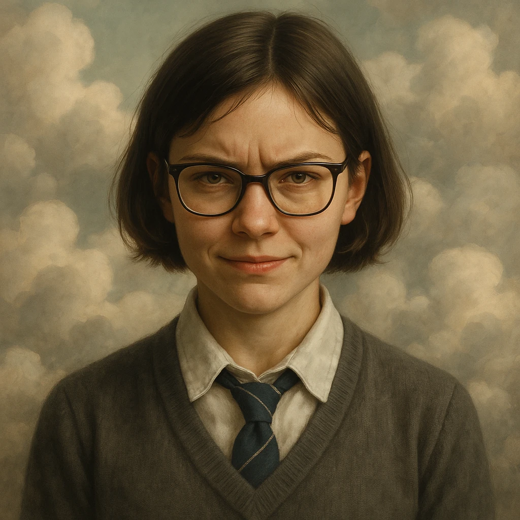 high school girl with glasses and short hair, smiling but with subtle signs of inner anger, surrounded by clouds, in a realistic and detailed style emoji