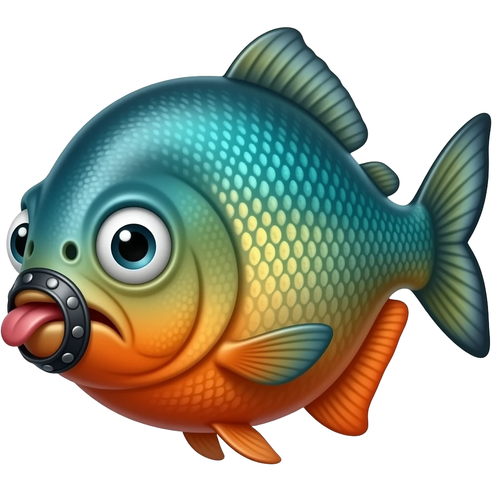 Teal and orange Piranha wearing pleather and a gag in his mouth emoji