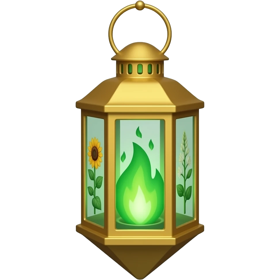A golden hanging lantern with a bright emerald flames, an empty loop on top, sunflower & asphodel themed design, but simple focus more on the green flames, paint the glass more green, have its bottom point come to some sort of point emoji