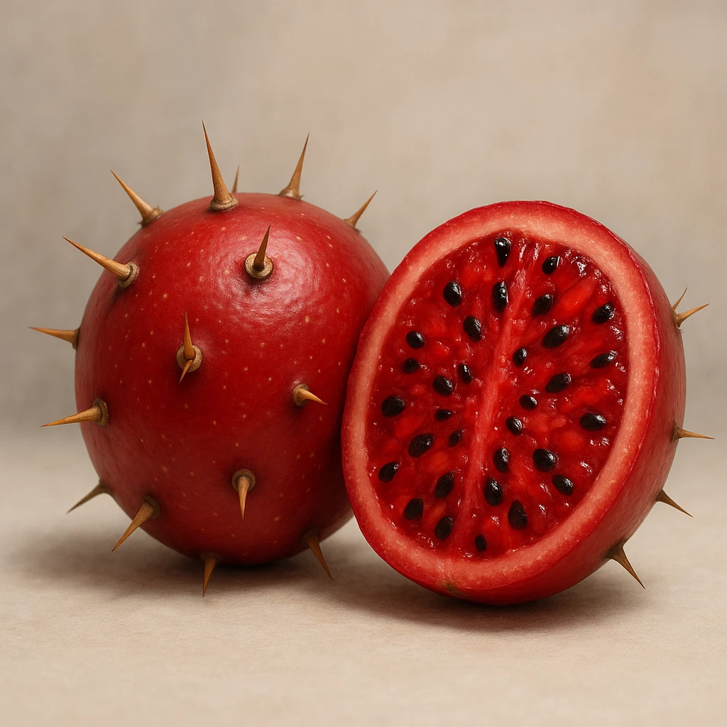 single smooth red round Stenocereus fruit with short cactus spikes, cut open to show juicy interior, realistic style emoji