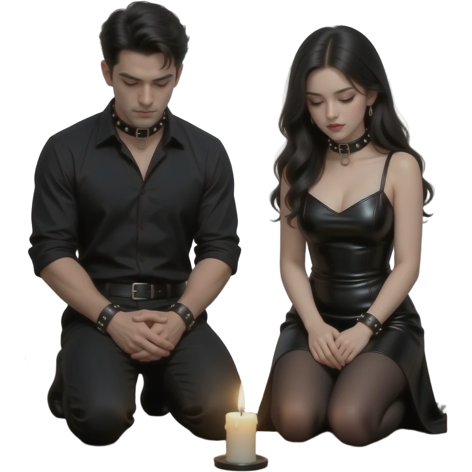 Gothic man and woman sitting on their knees looking down with  black leather collars, their hands in their r lap. Submissive emoji