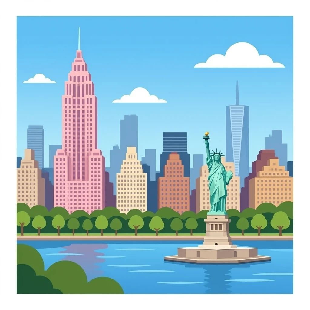 High Pink Building  in New York in Central Park river lestatue-of-liberty emoji