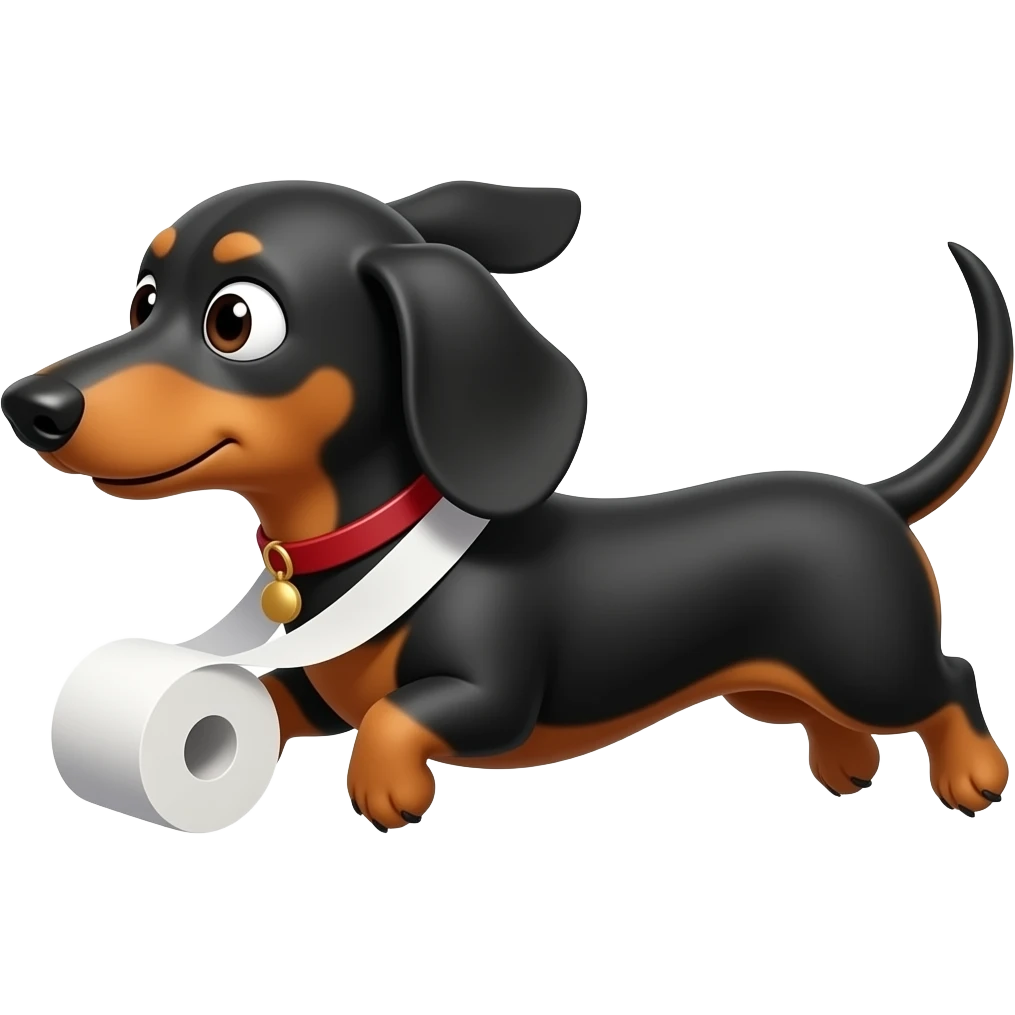 whimsical dachshund wide eyes full body chasing toilet paper emoji