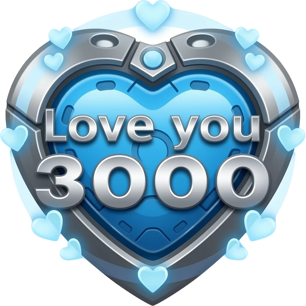 Tony Starks blue heart Arc in the shape of a love heart with “Love you 3000” written in the silver metal around the arc and white hearts floating around it emoji