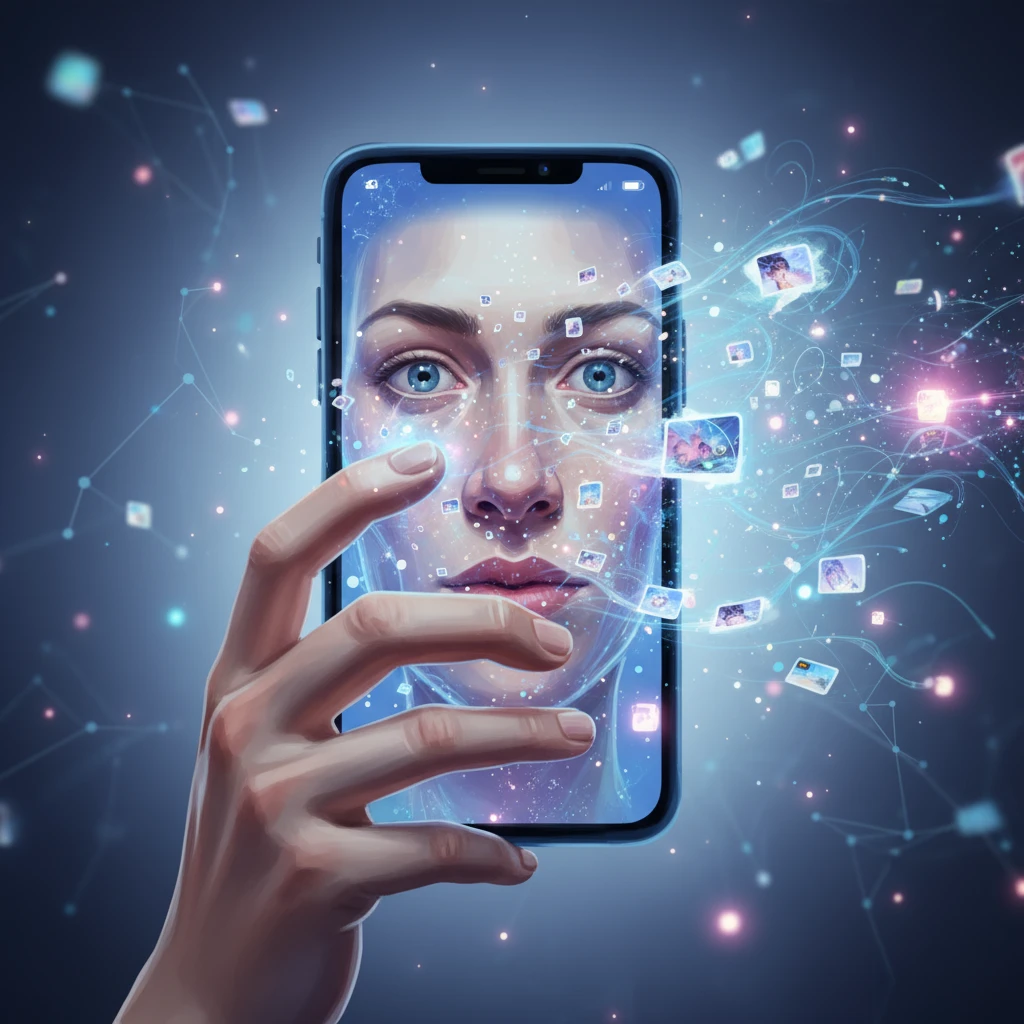 Лицо человека, который держит близко перед лицом смартфон и экран будто бы засасывает его мысли и лицо, слегка рисованный но при этом объемный стиль emoji