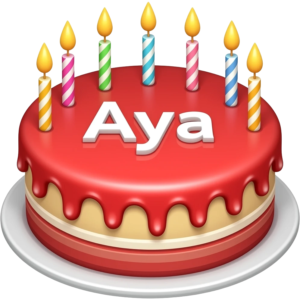 cake name aya on it  for birthday red cake and white color aya font and add candles emoji