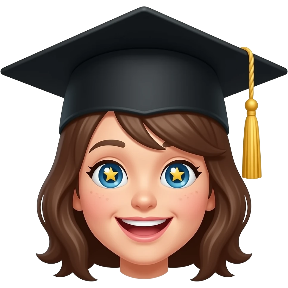 🤩 star-struck emoji character wearing a graduation cap (mortarboard) on top of its head, the cap is slightly tilted, gold tassel hanging down, bright cheerful expression with star-shaped eyes sparkling, cartoon style, vibrant colors, white background, high quality illustration emoji