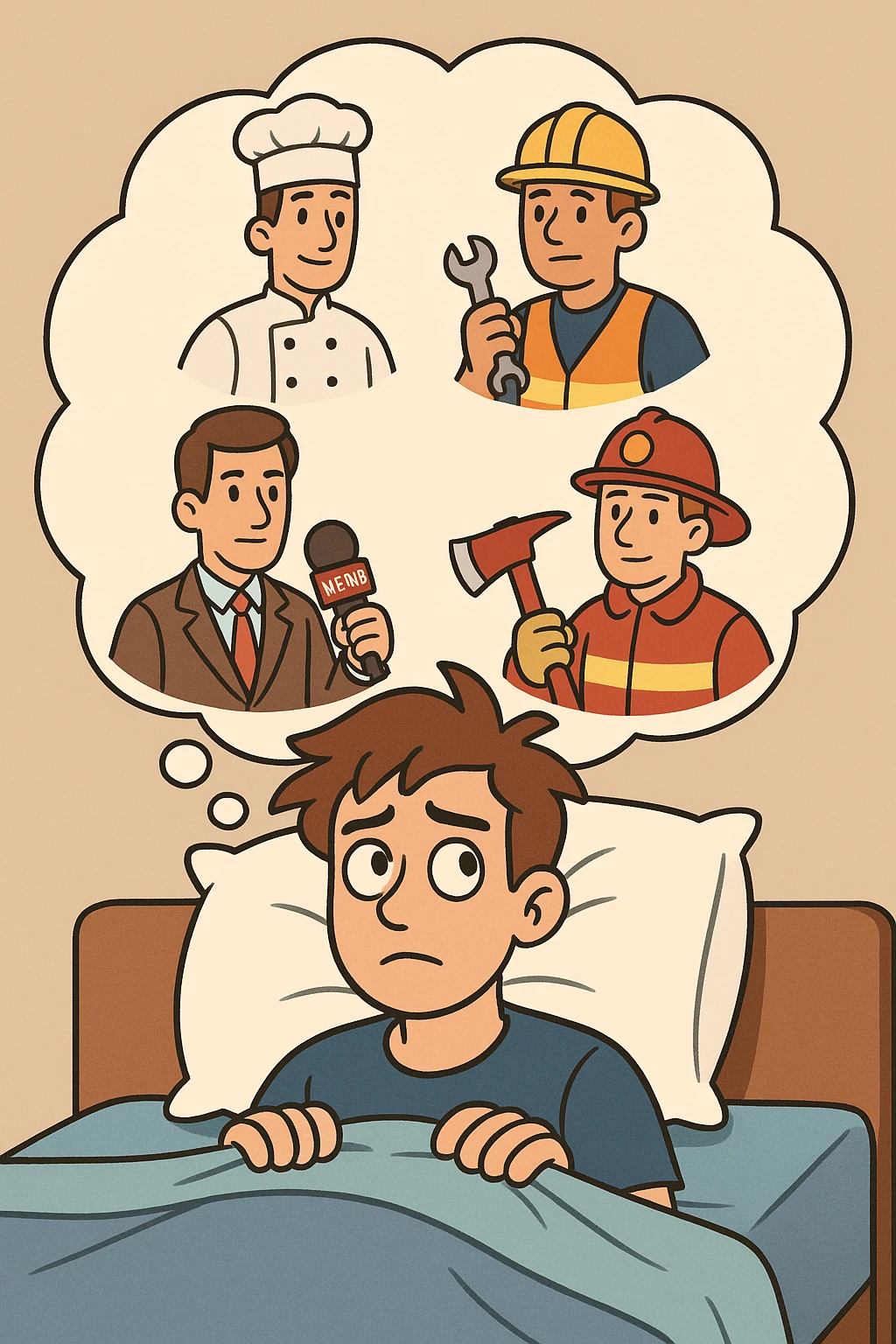 a young man lying in bed, dreaming of different jobs, cartoon style, colorful, flat toon style emoji