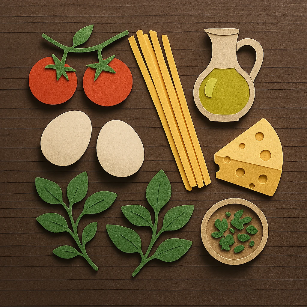 A realistic top-down view of a wooden kitchen table with various common ingredients neatly arranged (like tomatoes, pasta, eggs, cheese, herbs, olive oil). The background should be dark and soft to match a modern app interface. Lighting should highlight the ingredients naturally, with soft shadows. No text, no hands, minimalistic but warm and homely, like a mobile UI background for a cooking app. emoji