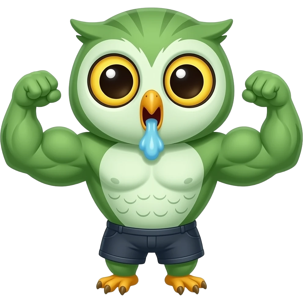 Cartoon cute tiny Baby owl Body building Green skin illness sickness spitting choking emoji